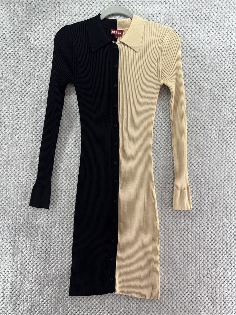 STAUD‎ Dress Womens S Black Beige Rib Knit Color Block Collared Button Front New